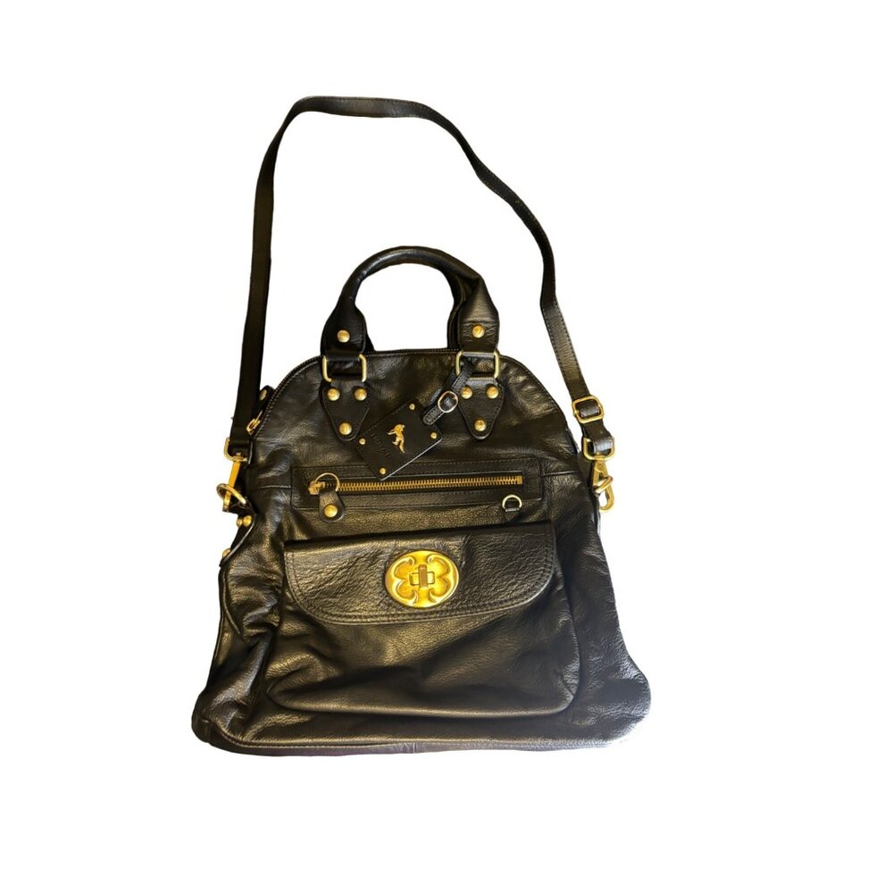 Emma Fox Black Leather Convertible Crossbody Handbag With Gold Accents